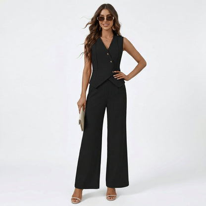 Elegant Womens Outfit with Sleeveless Vest and Wide Leg Trousers Set