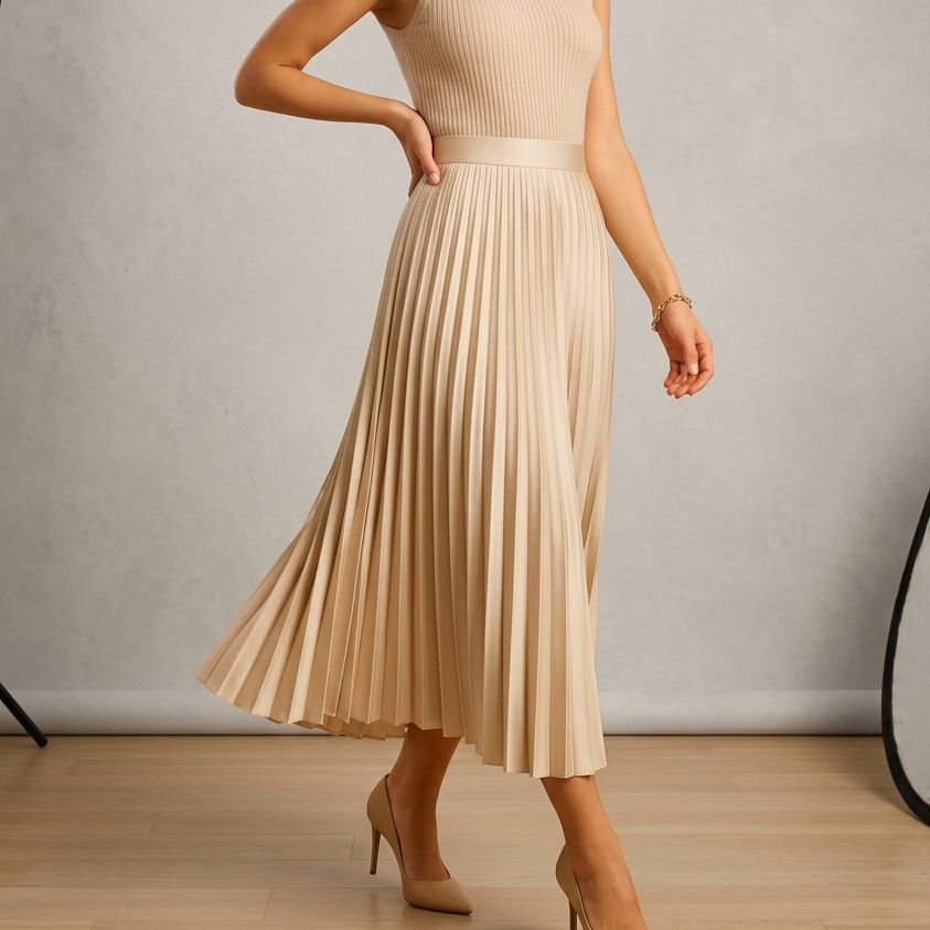 Elegant Pleated Satin Midi Skirt for Women