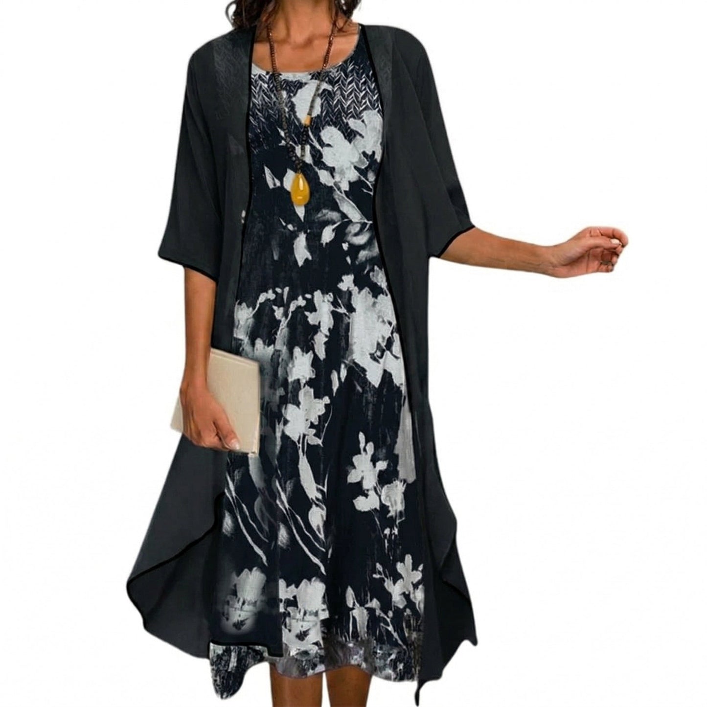 Women’s Floral Long Dress with Cardigan Set