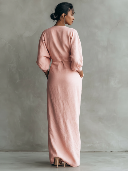 Women's Minimalist V-neck Linen Blend Maxi Dress