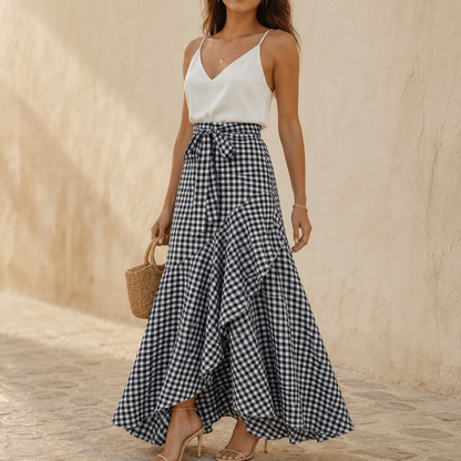 Veluna™ – Gingham Asymmetrical Ruffle Maxi Skirt for Women