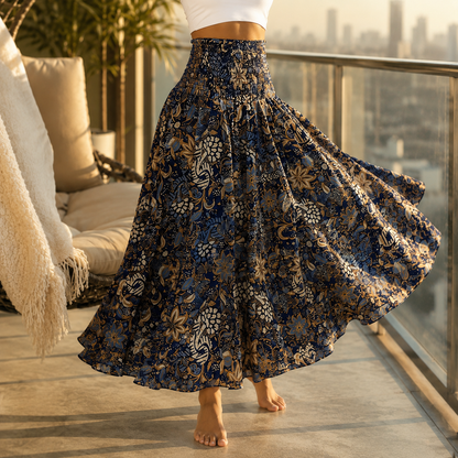 Floressa – Smocked High-Waist Floral Maxi Skirt with Flowy A-Line Sweep