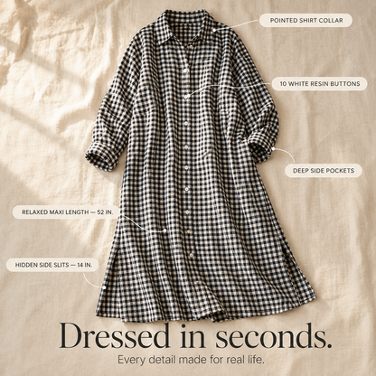 Harlowe™ – Gingham Button-Front Maxi Shirt Dress with Side Slits