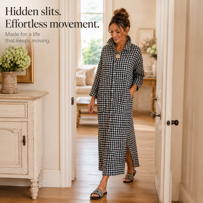 Harlowe™ – Gingham Button-Front Maxi Shirt Dress with Side Slits