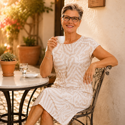 Ingrid™ – Linen Look Midi Shift Dress with Abstract Print, Cap Sleeve