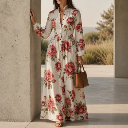 Luvelle™ – Rose Print Button-Front Maxi Dress with Long Sleeves