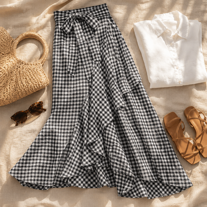 Veluna™ – Gingham Asymmetrical Ruffle Maxi Skirt for Women