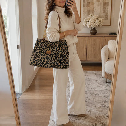 Florella – Woven Leopard Print Tote Bag with Leather Trim and Gold Chain