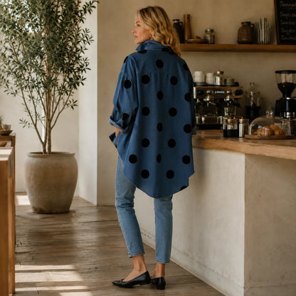 Marevelle – Oversized Polka Dot Denim Shirt with Stand Collar