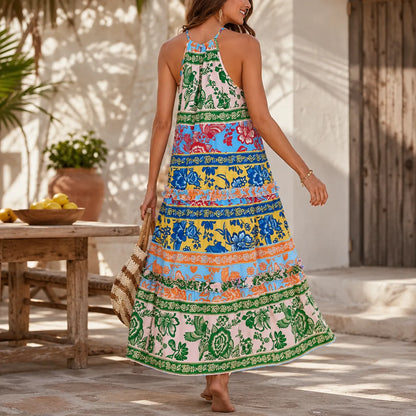 Soleva – Bold Floral Print Halter Maxi Dress for Women