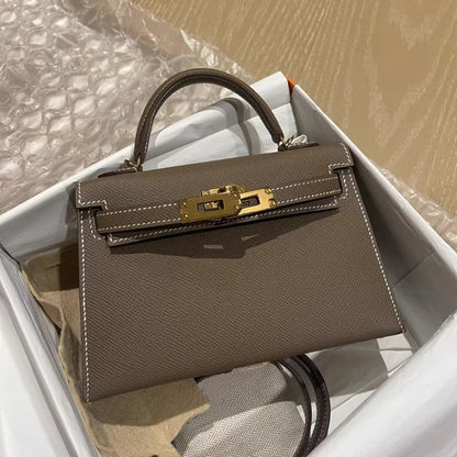 Structured Top Handle Leather Handbag with Gold Lock
