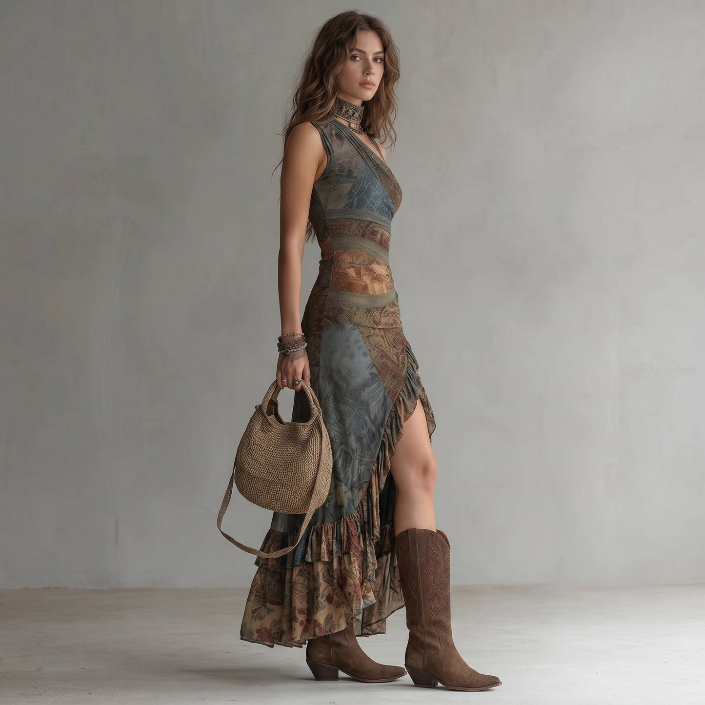 Elena Asymmetric One-Shoulder Maxi Dress with Ethnic Print & Side Slit