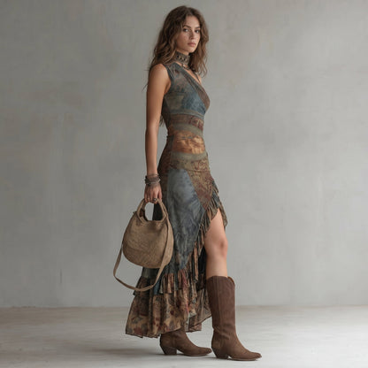 Elena Asymmetric One-Shoulder Maxi Dress with Ethnic Print & Side Slit