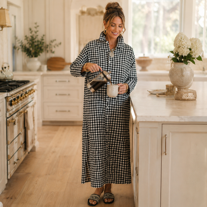 Harlowe™ – Gingham Button-Front Maxi Shirt Dress with Side Slits