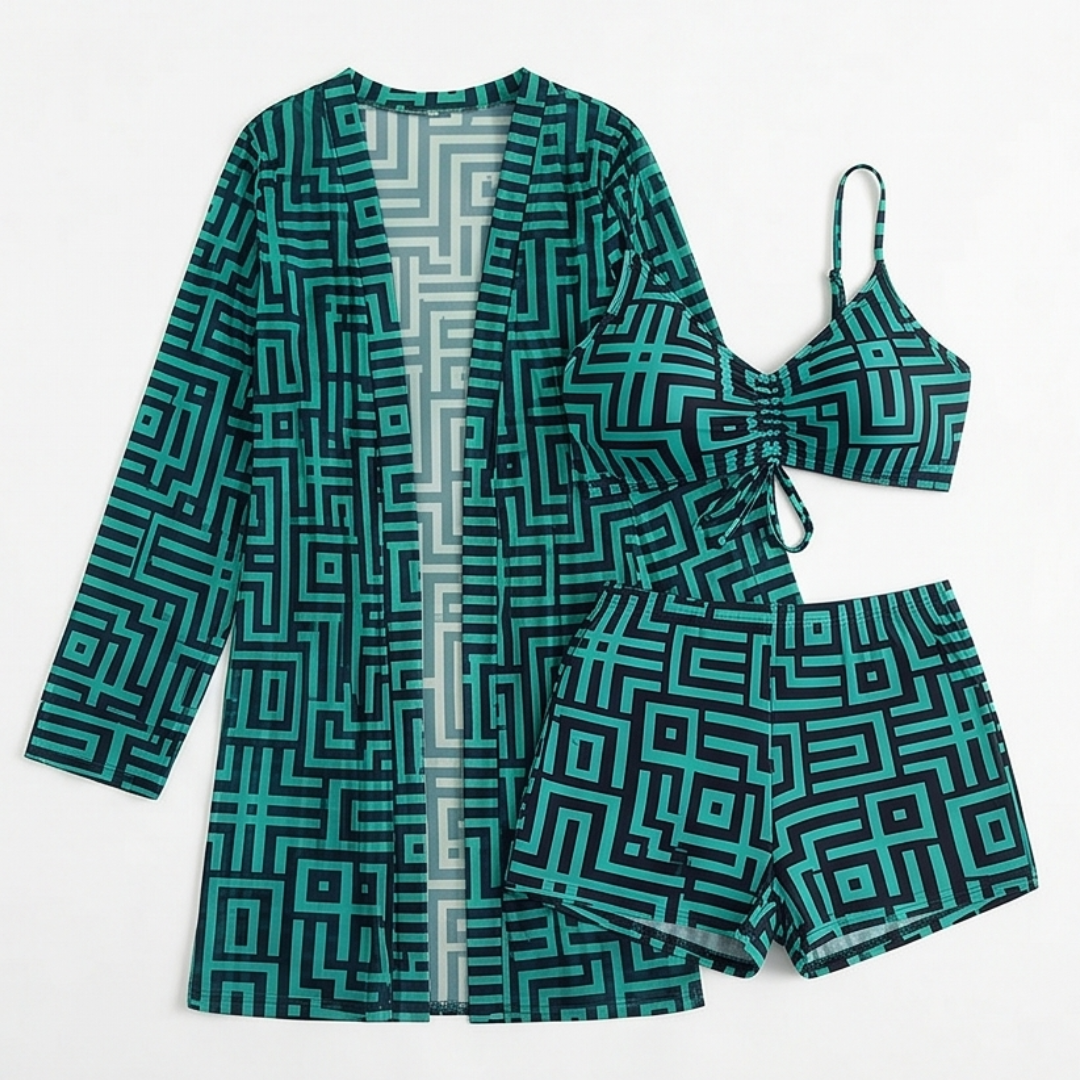 Solena™ 3 Piece Geometric Swim Set with Cover-up