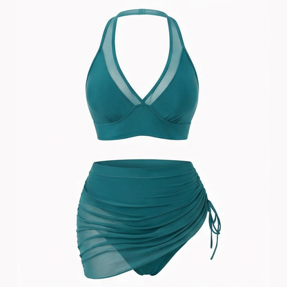 Marella™ – High Waist Mesh Bikini Set with Ruched Skirt Bottom