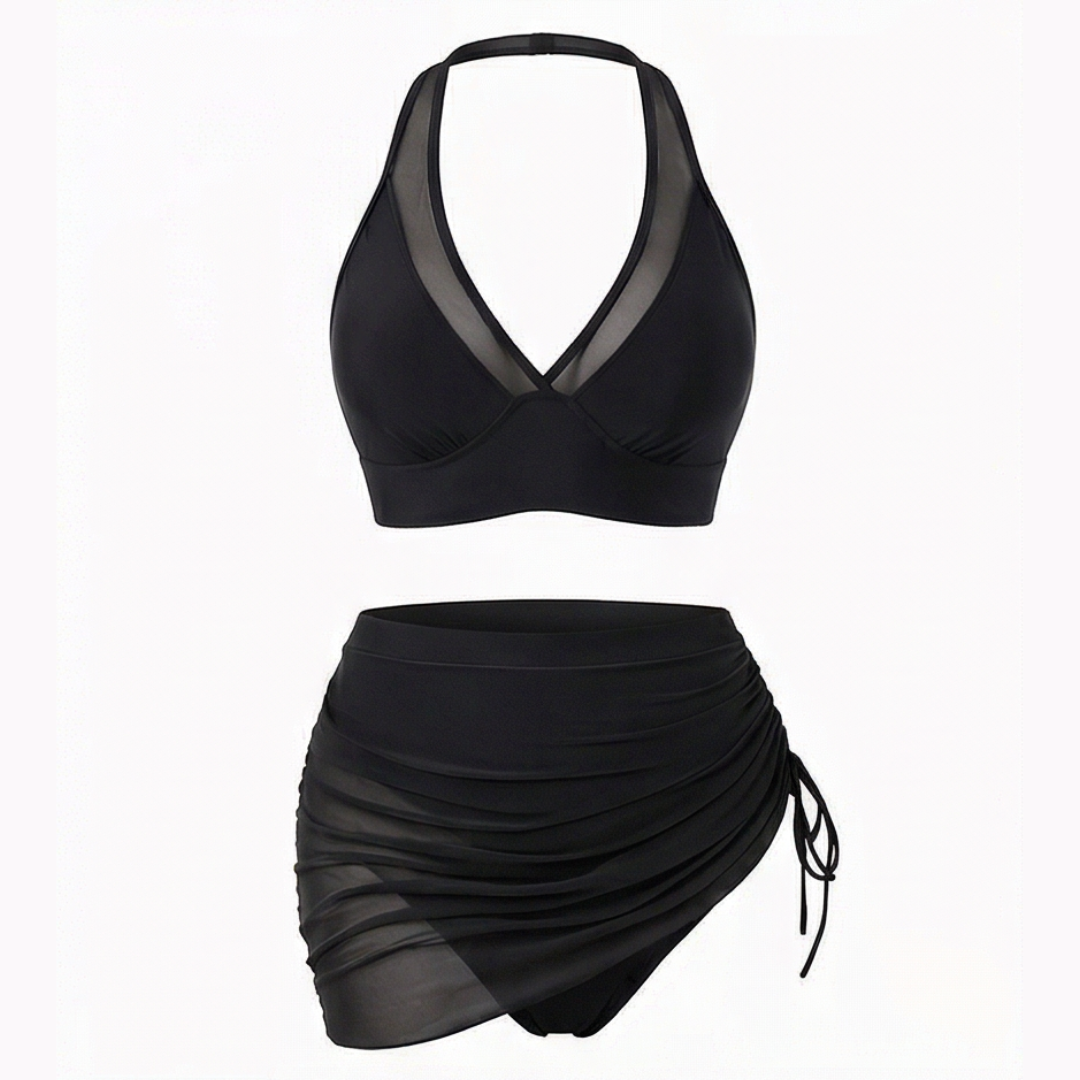 Marella™ – High Waist Mesh Bikini Set with Ruched Skirt Bottom