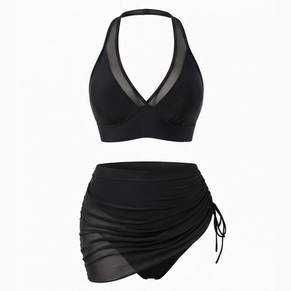 Marella™ – High Waist Mesh Bikini Set with Ruched Skirt Bottom
