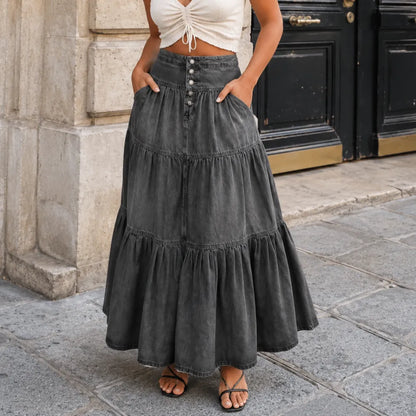 Romella – High Waisted Tiered A-Line Denim Maxi Skirt for Women