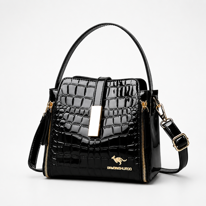 Velora – Glossy Croc Embossed Crossbody Handbag with Gold Hardware