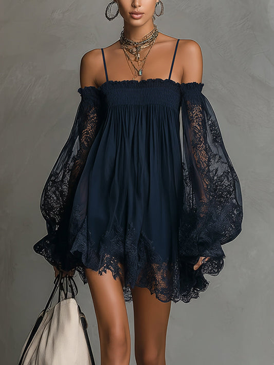 Navy Off-Shoulder Lace Trim Chiffon Mini Dress With Sheer Sleeves