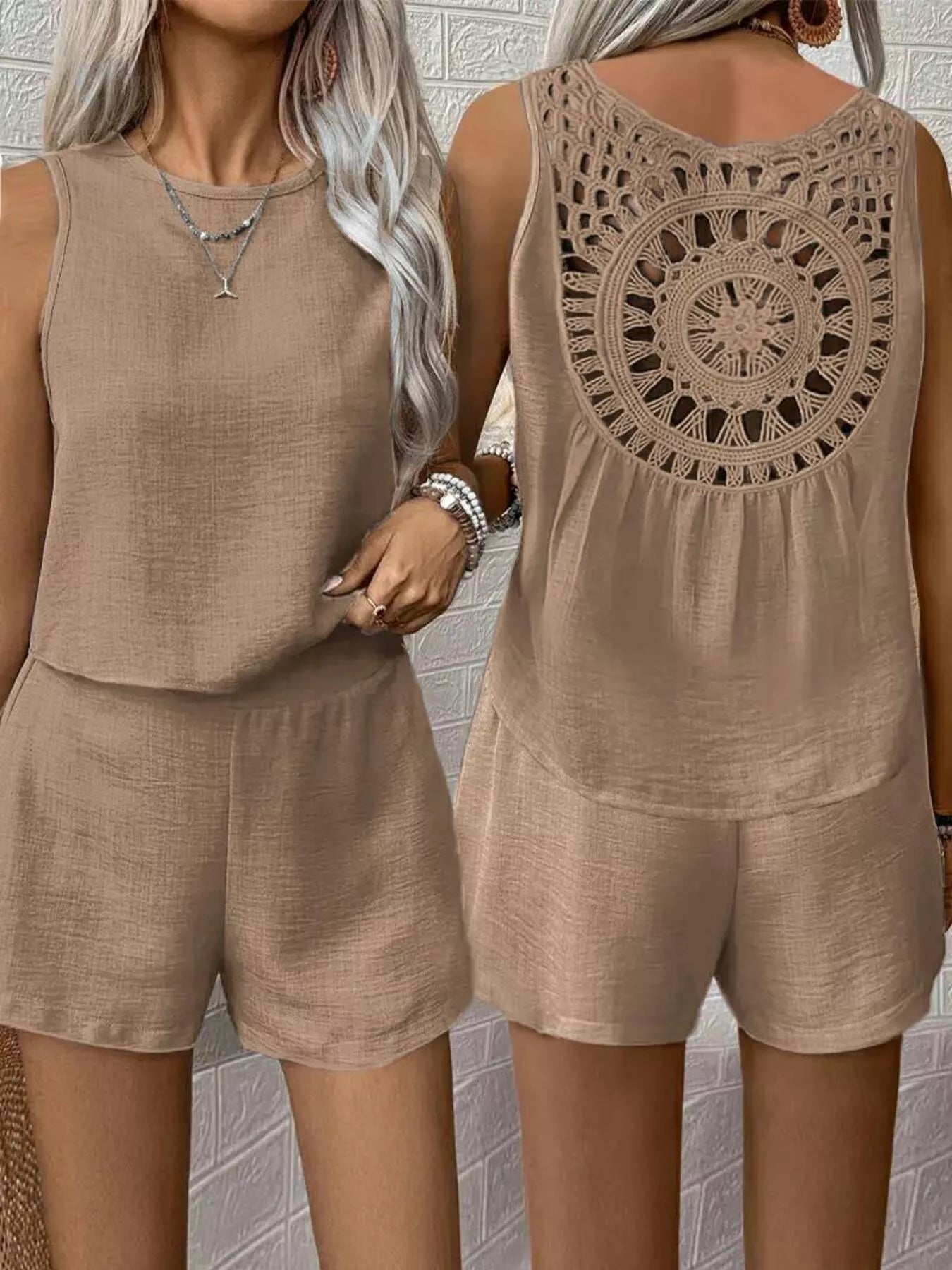 Lace Detail Round Neck Tank & Shorts Set