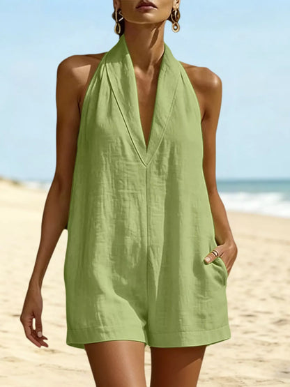 Halter Neck Resort Romper with Pockets