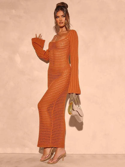 Openwork Square Neck Flare Sleeve Cover-Up