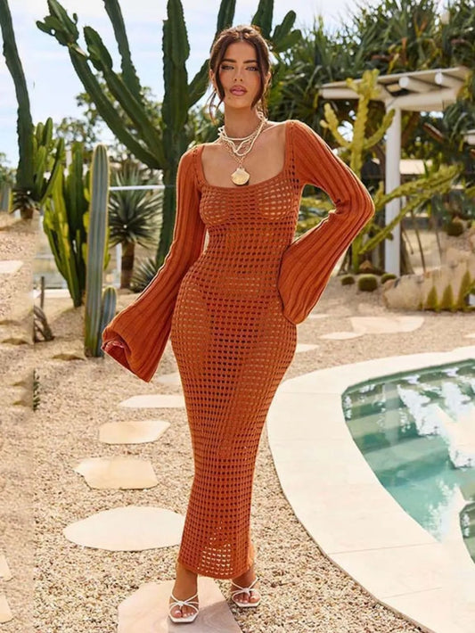 Openwork Square Neck Flare Sleeve Cover-Up