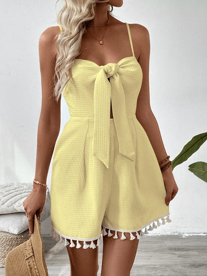 Tie-Front Tassel Hem Textured Romper
