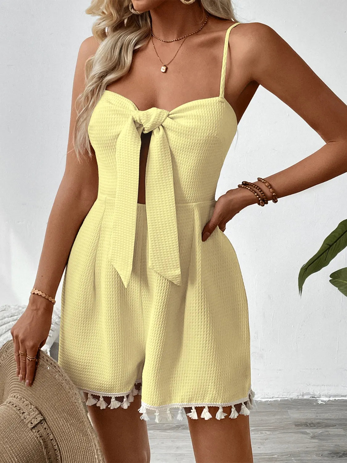 Tie-Front Tassel Hem Textured Romper