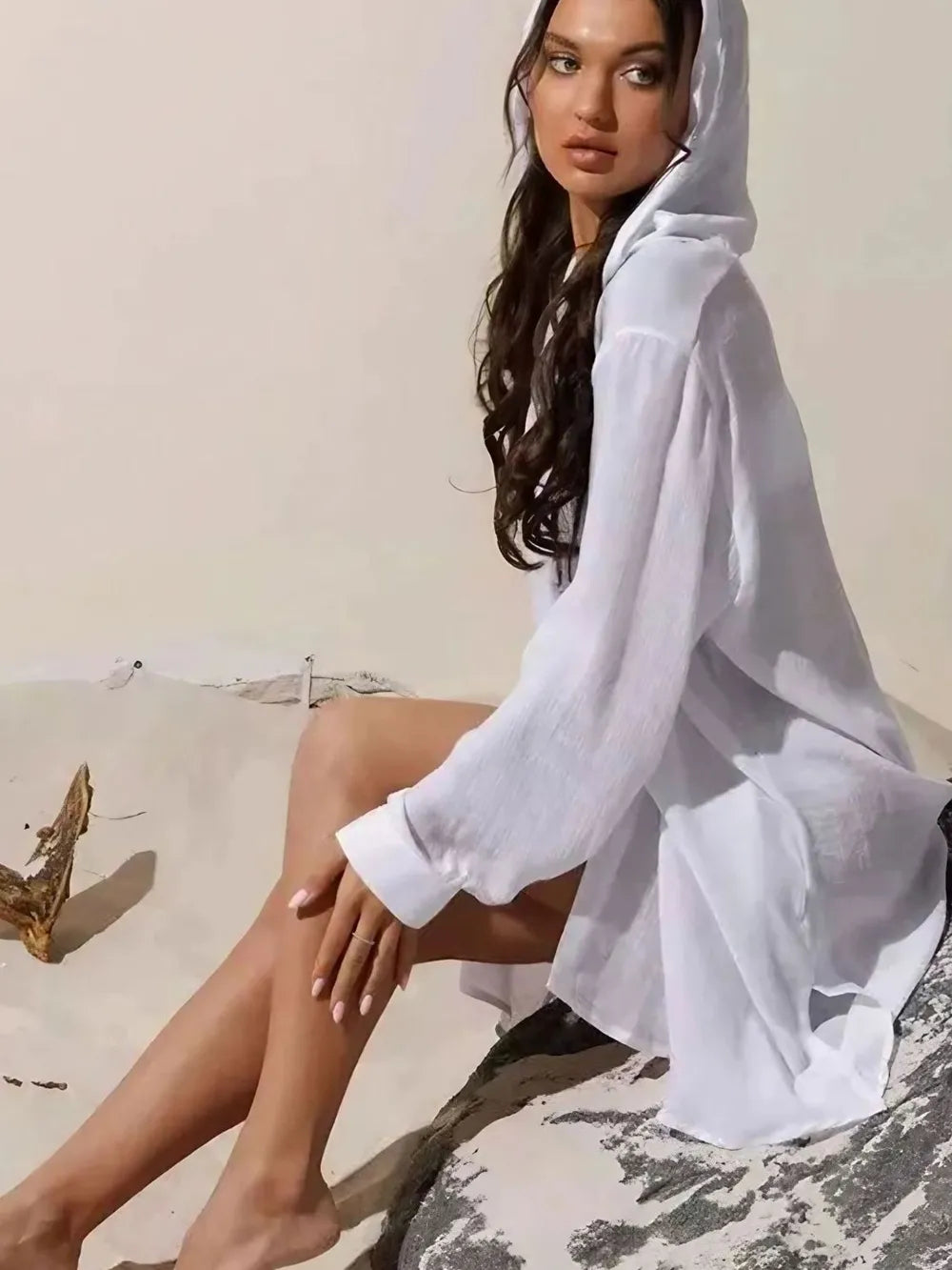 Button-Down Hooded Beach Cover-Up