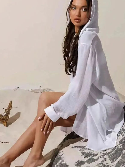Button-Down Hooded Beach Cover-Up