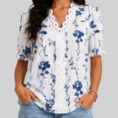Boho Flower Blouse with Laced Spliced V-neck