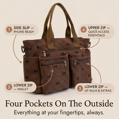 Bowette – Corduroy Bow-Print Tote with Laptop Pocket
