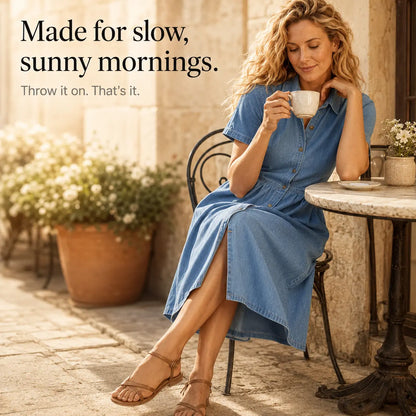 Soléa – Women's Shirt Dress with Pockets, A-Line Midi, Soft Cotton, Button Down