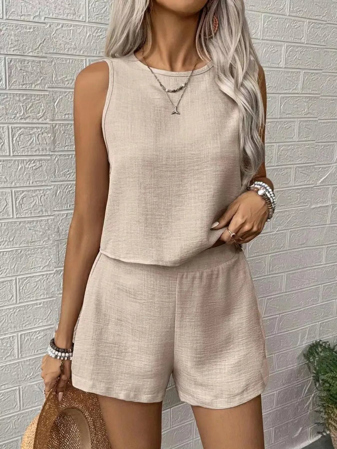 Lace Detail Round Neck Tank & Shorts Set