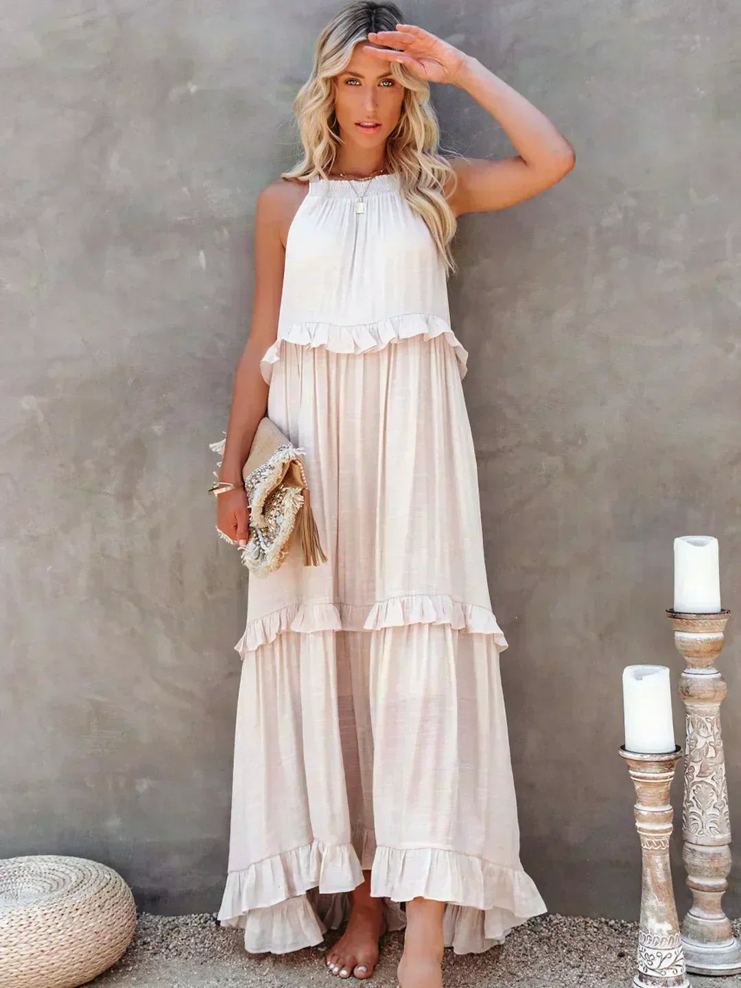 Delilah - Elegant Halter Neck Ruffle Trim Dress