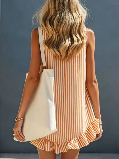 Striped V-Neck Ruffle Mini Dress