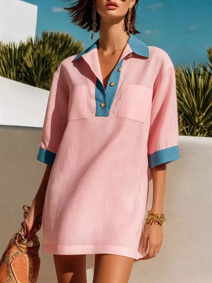 Contrast Trim Half-Sleeve Vacation Dress