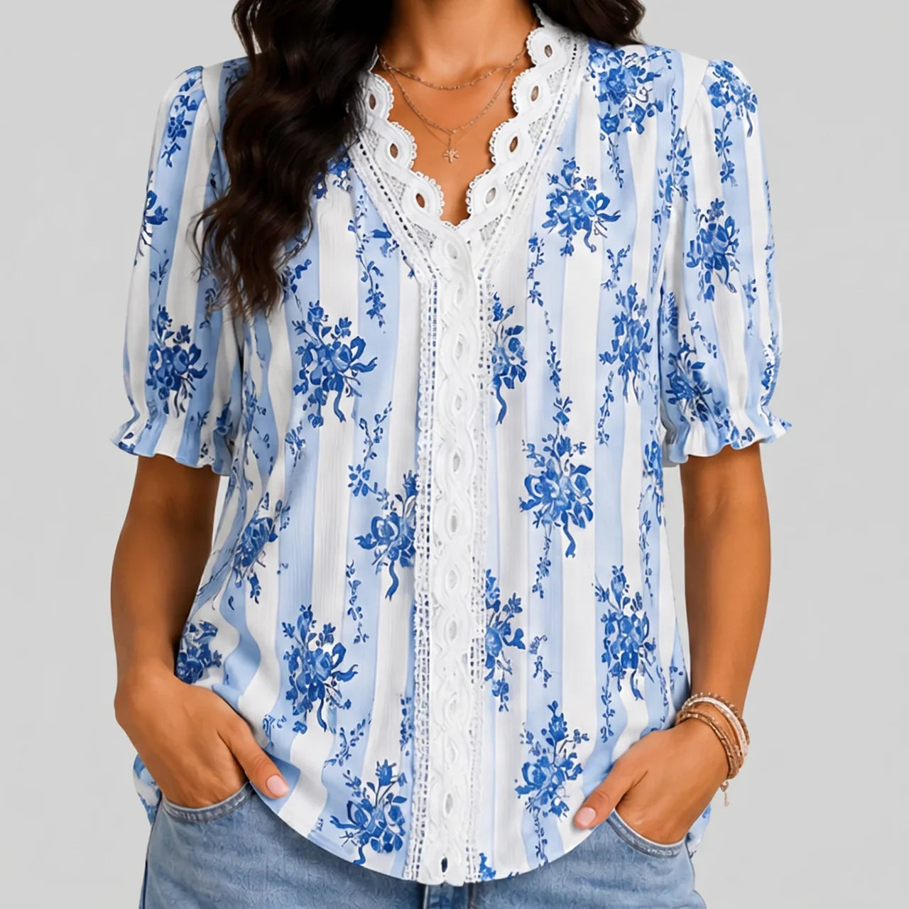 Boho Flower Blouse with Laced Spliced V-neck