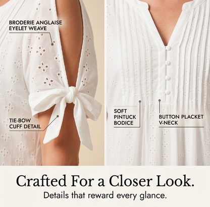 Florenza – Women's Eyelet Midi Dress with Tie-Bow Sleeves
