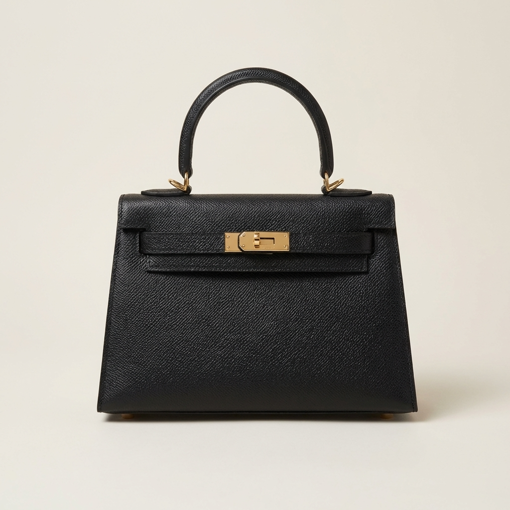 Structured Top Handle Leather Handbag with Gold Lock