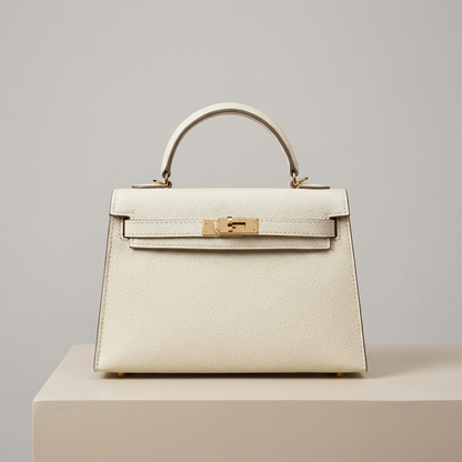 Structured Top Handle Leather Handbag with Gold Lock