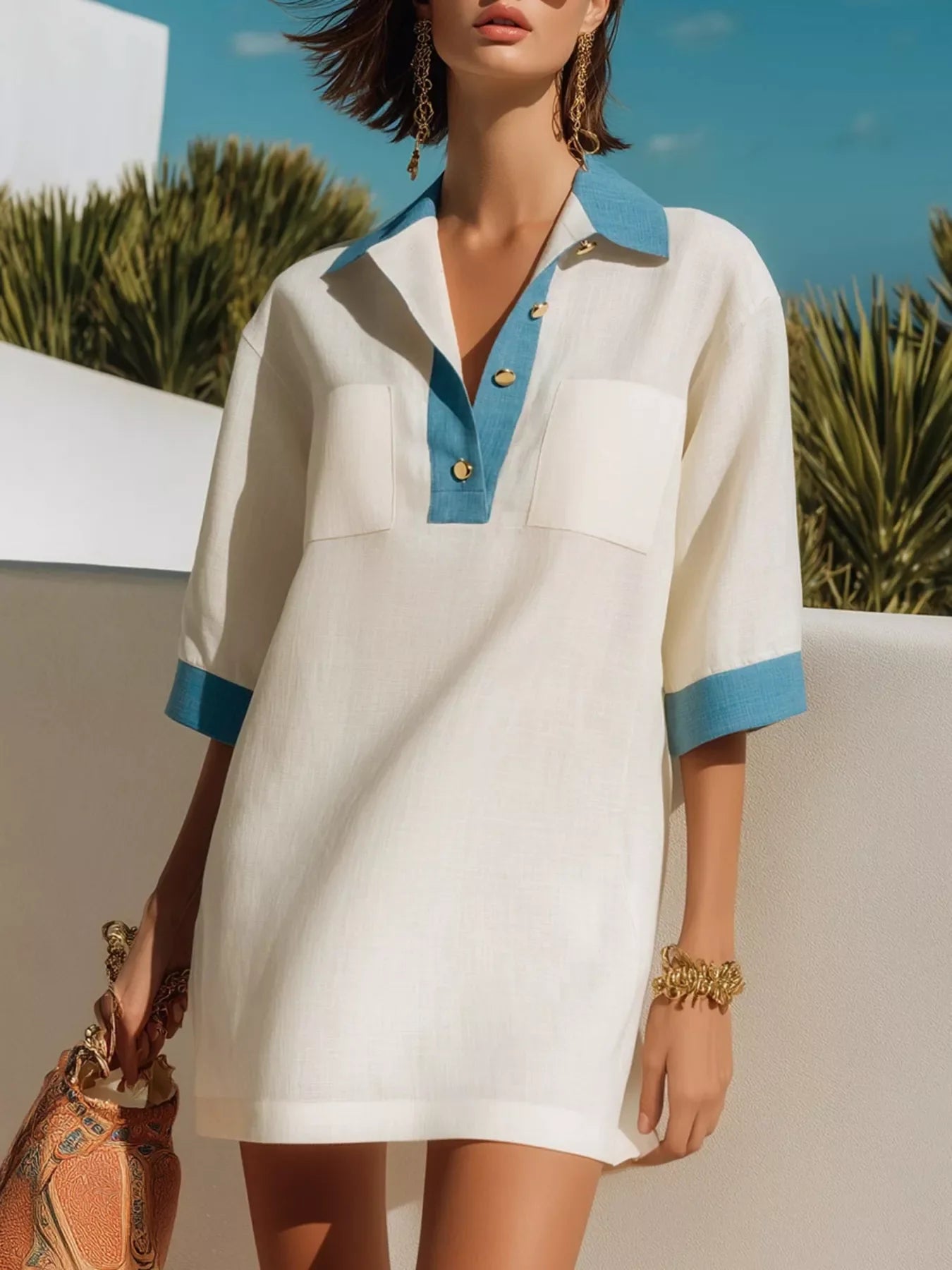 Contrast Trim Half-Sleeve Vacation Dress