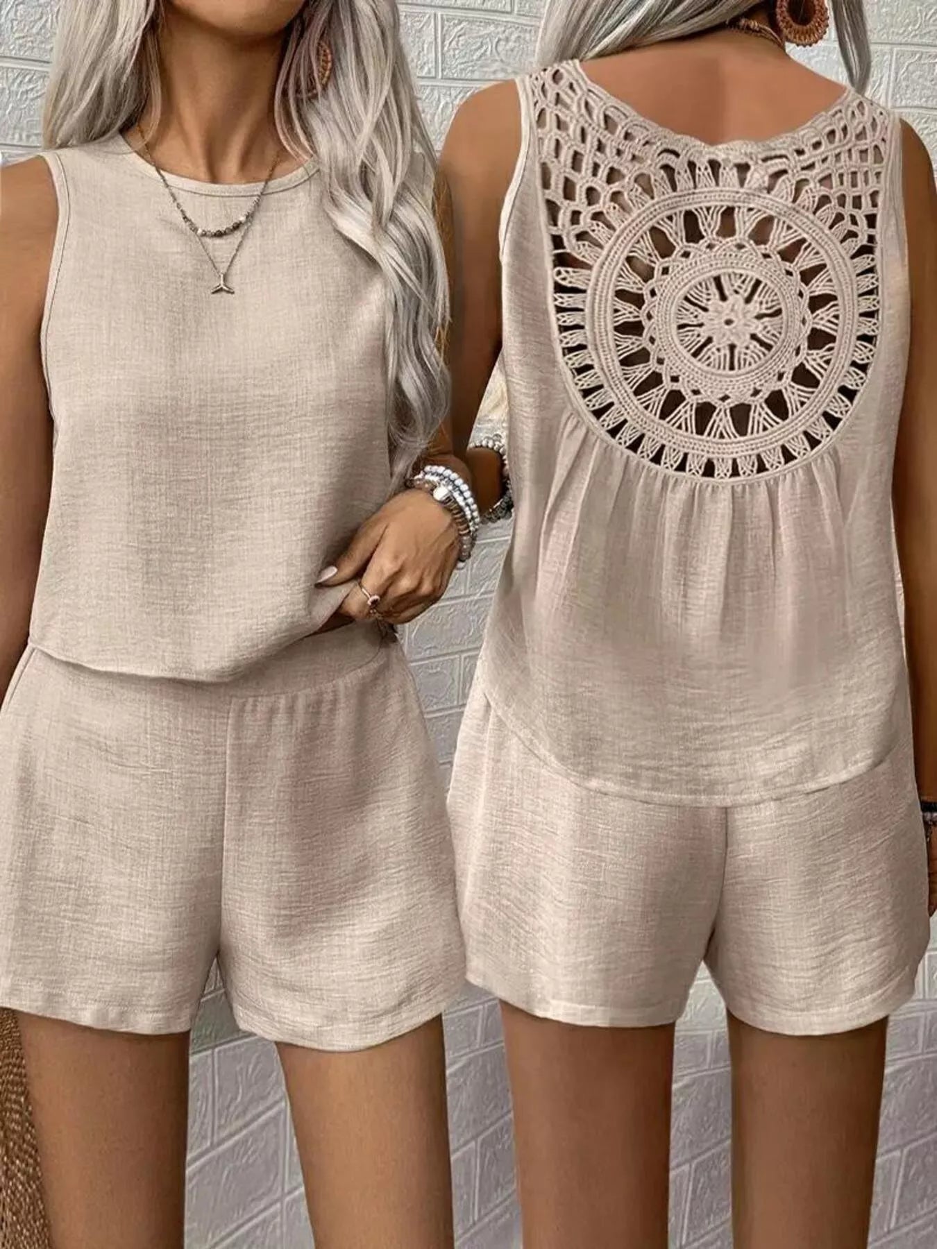 Lace Detail Round Neck Tank & Shorts Set