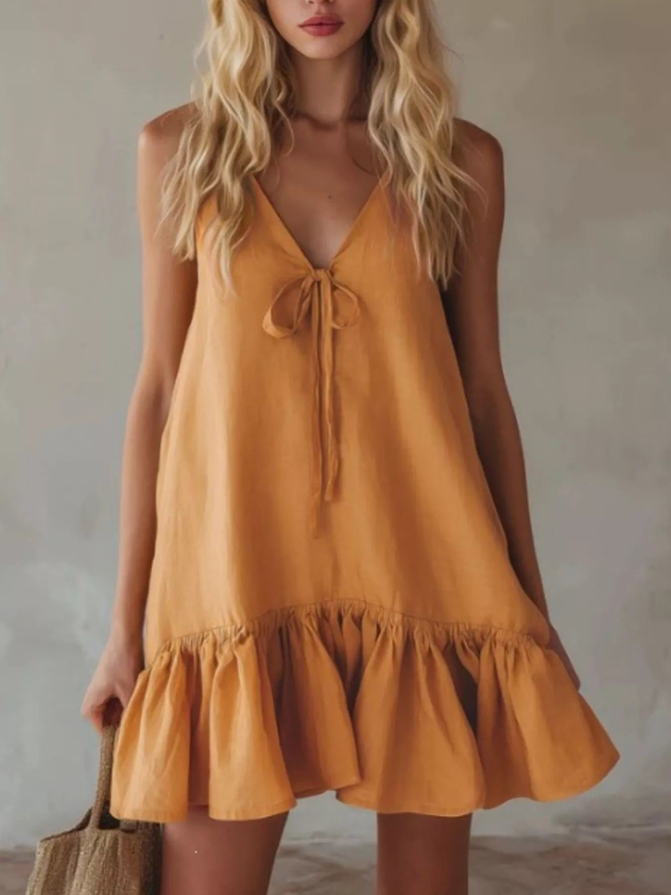 V-Neck Tie Front Ruffle Mini Dress
