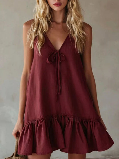 V-Neck Tie Front Ruffle Mini Dress