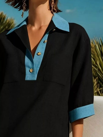 Contrast Trim Half-Sleeve Vacation Dress