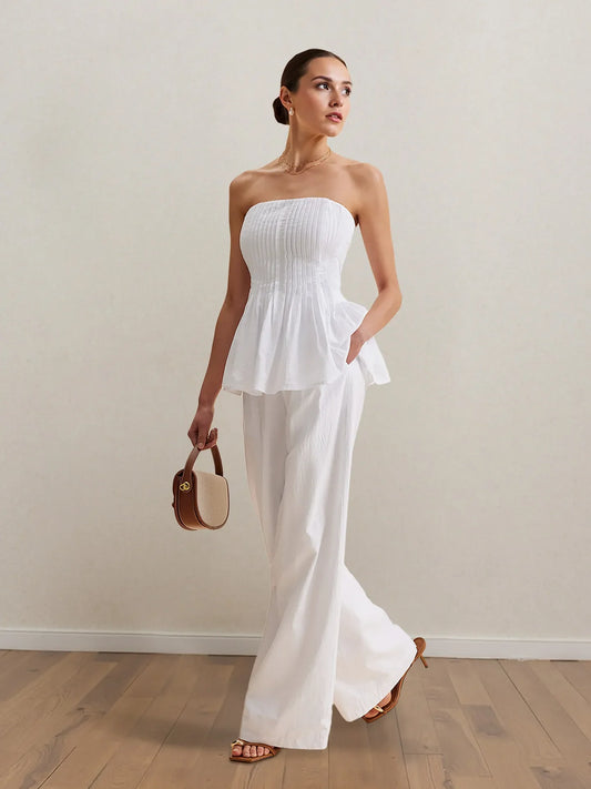 Strapless Peplum Top & Wide-Leg Pants Set